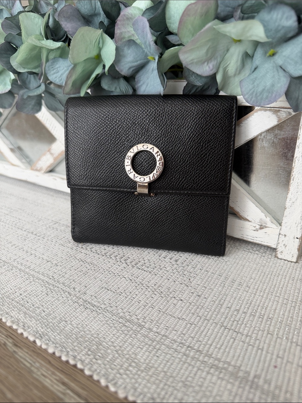 Bulgari Black Textured Leather Compact Wallet with Signature Ring